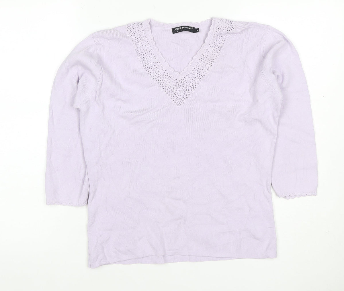 Debbie Morgan Women Purple M V-Neck Crochet Knit Jumper 3/4 Sleeve