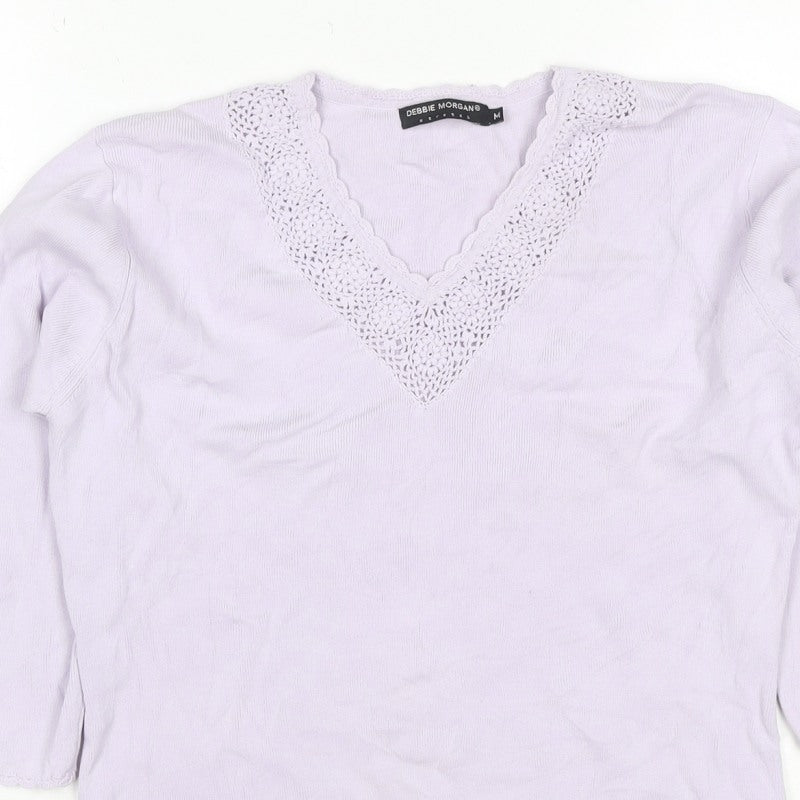 Debbie Morgan Women Purple M V-Neck Crochet Knit Jumper 3/4 Sleeve