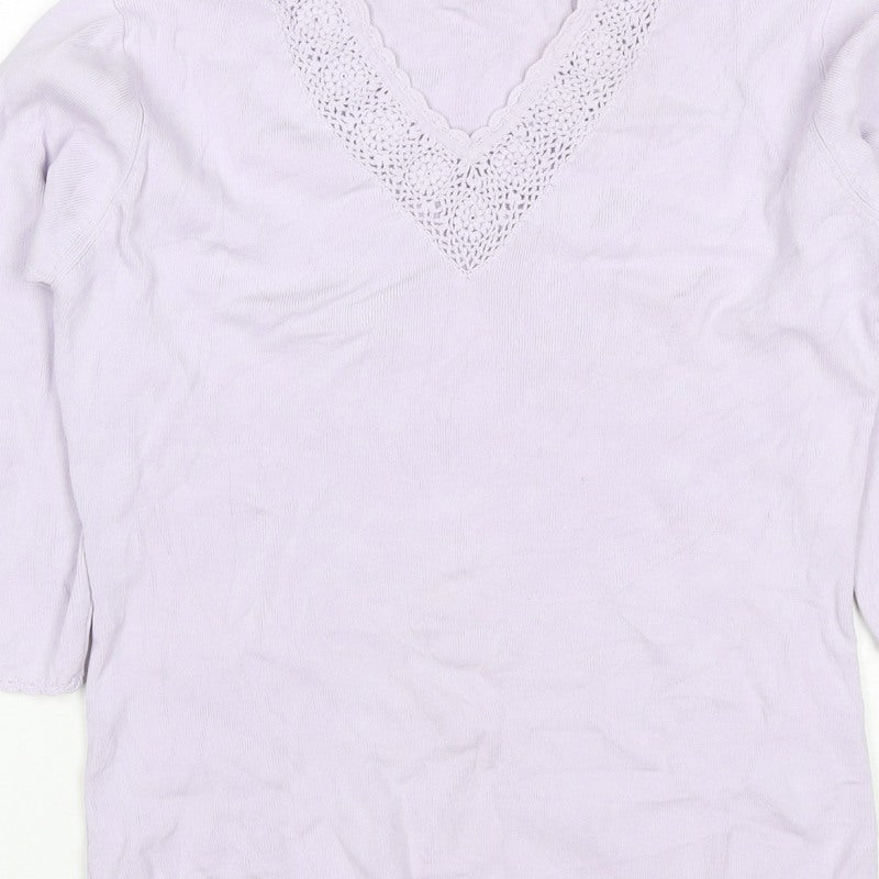 Debbie Morgan Women Purple M V-Neck Crochet Knit Jumper 3/4 Sleeve