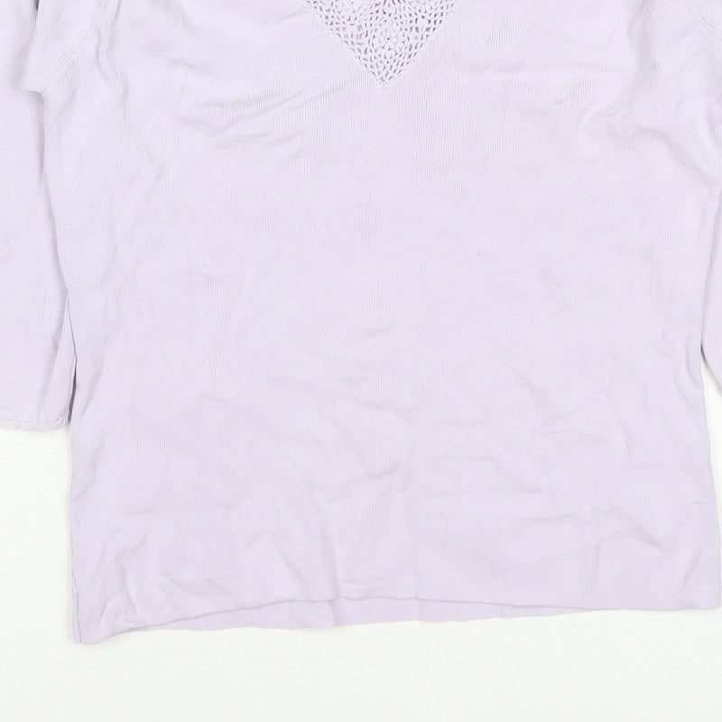 Debbie Morgan Women Purple M V-Neck Crochet Knit Jumper 3/4 Sleeve