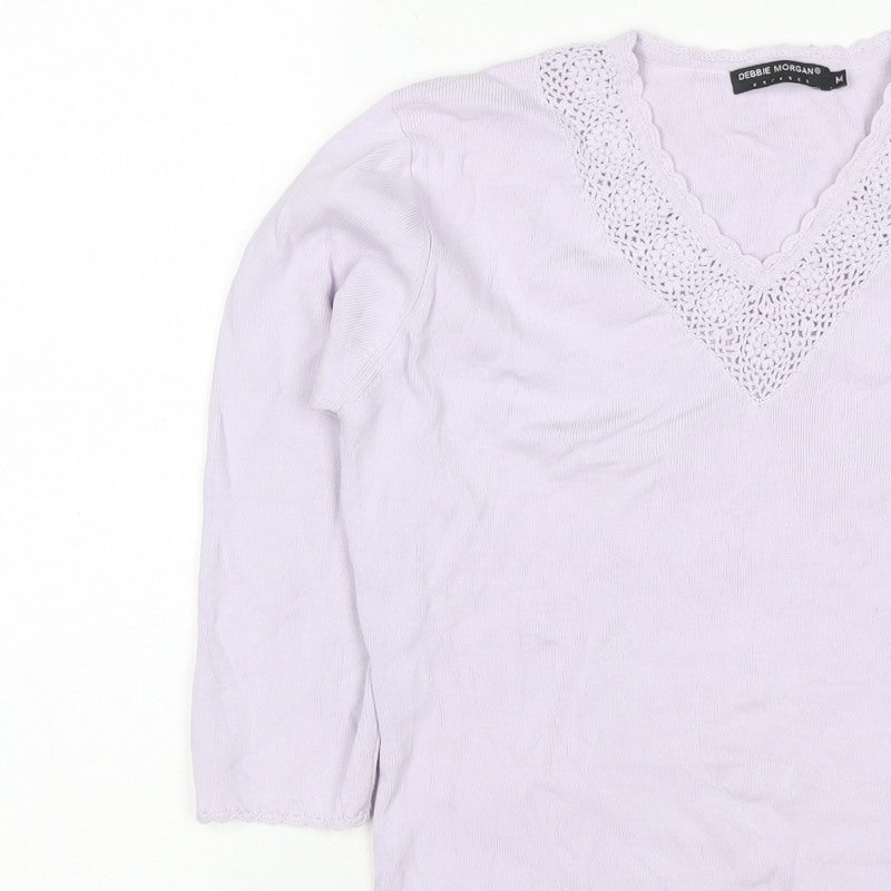 Debbie Morgan Women Purple M V-Neck Crochet Knit Jumper 3/4 Sleeve