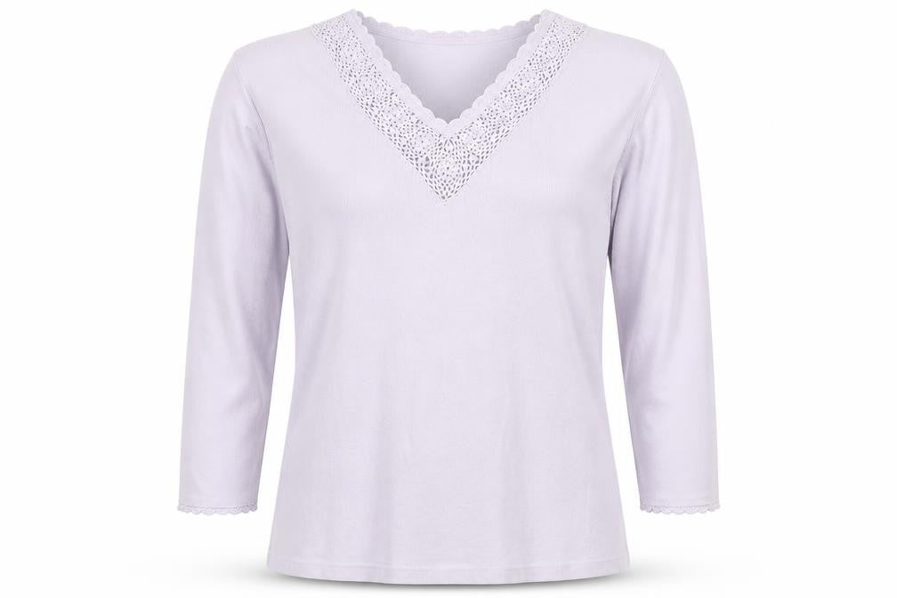 Debbie Morgan Women Purple M V-Neck Crochet Knit Jumper 3/4 Sleeve
