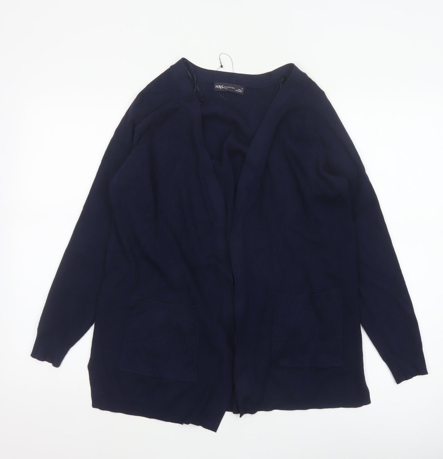 Marks and Spencer Women Blue M Open Knit V-Neck Pocket Cardigan