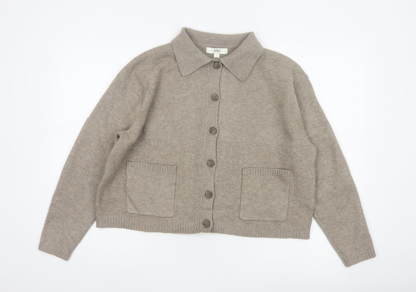 Marks and Spencer Women Beige L Collared Button Knit Cardigan Pockets