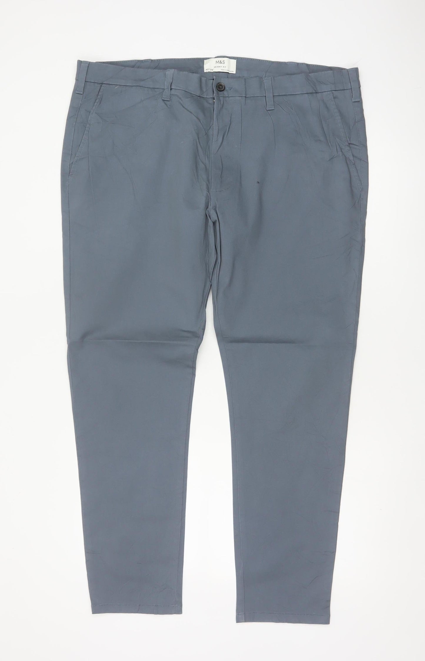 Marks and Spencer Men Grey 40 29 Skinny Fit Cotton Stretch Chino Trousers