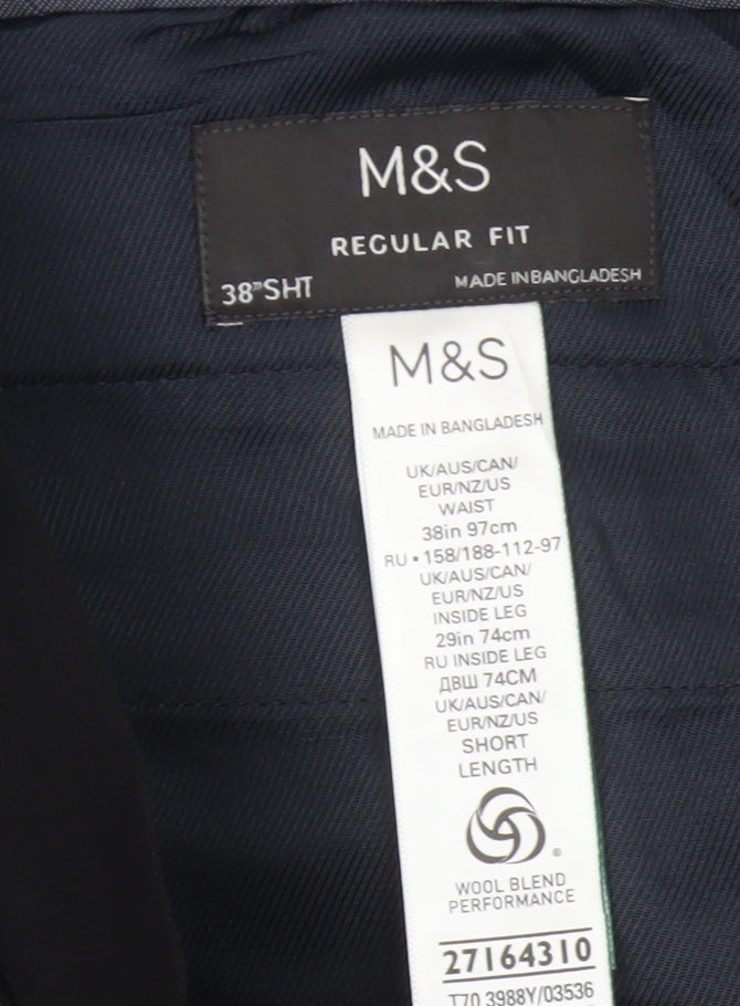 Marks and Spencer Men's Black 38S Regular Fit Wool Blend Dress Trousers