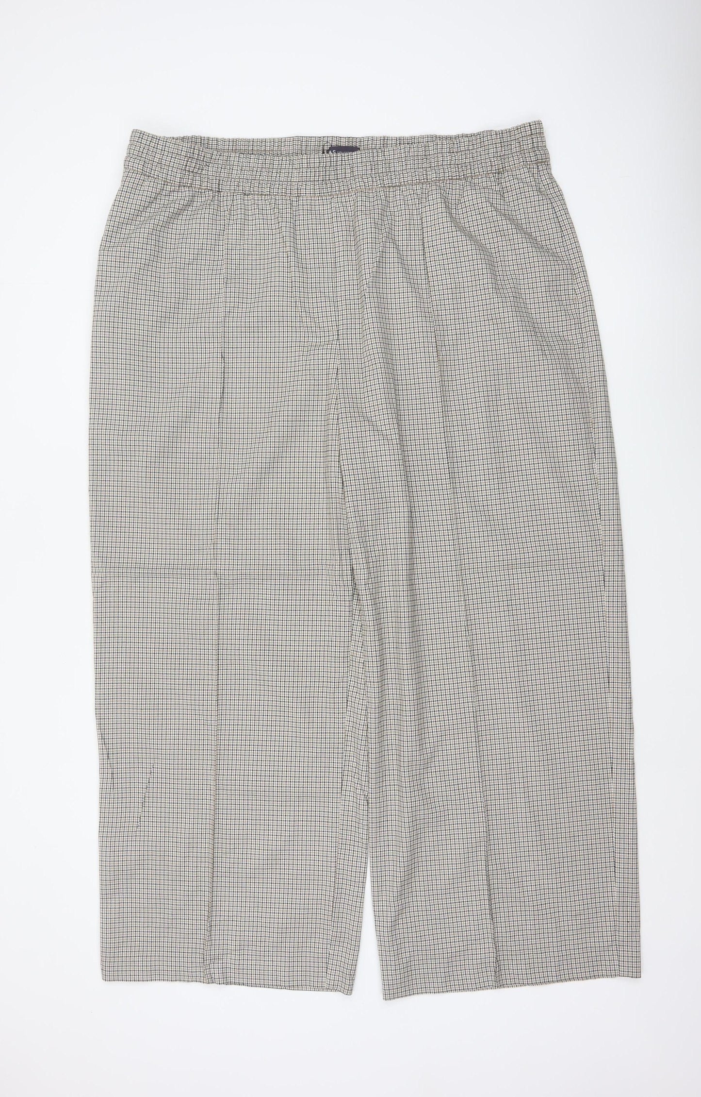 M&S Women’s Beige Check Wide-Leg Trousers UK 22 Short Stretch
