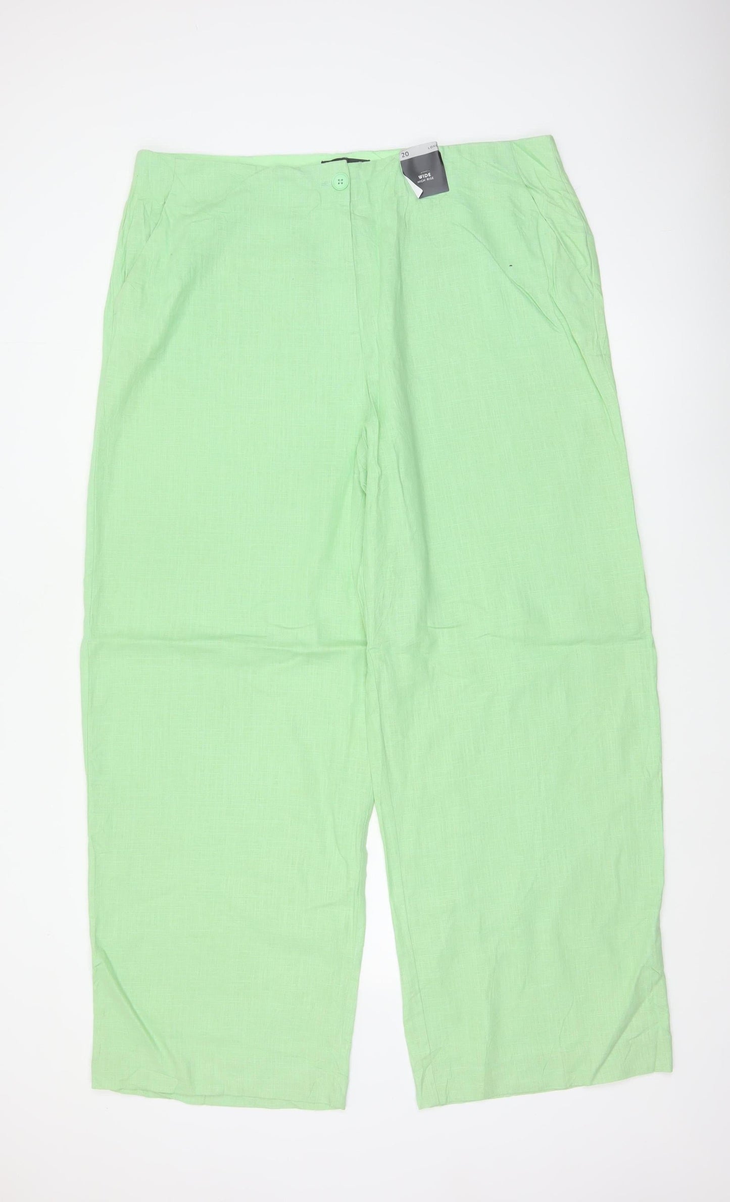 M&S Women Green UK 20 High Rise Wide Leg Linen Blend Trousers