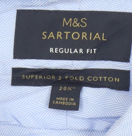 Marks and Spencer Men's Blue 20 Regular Fit Cotton Herringbone Shirt