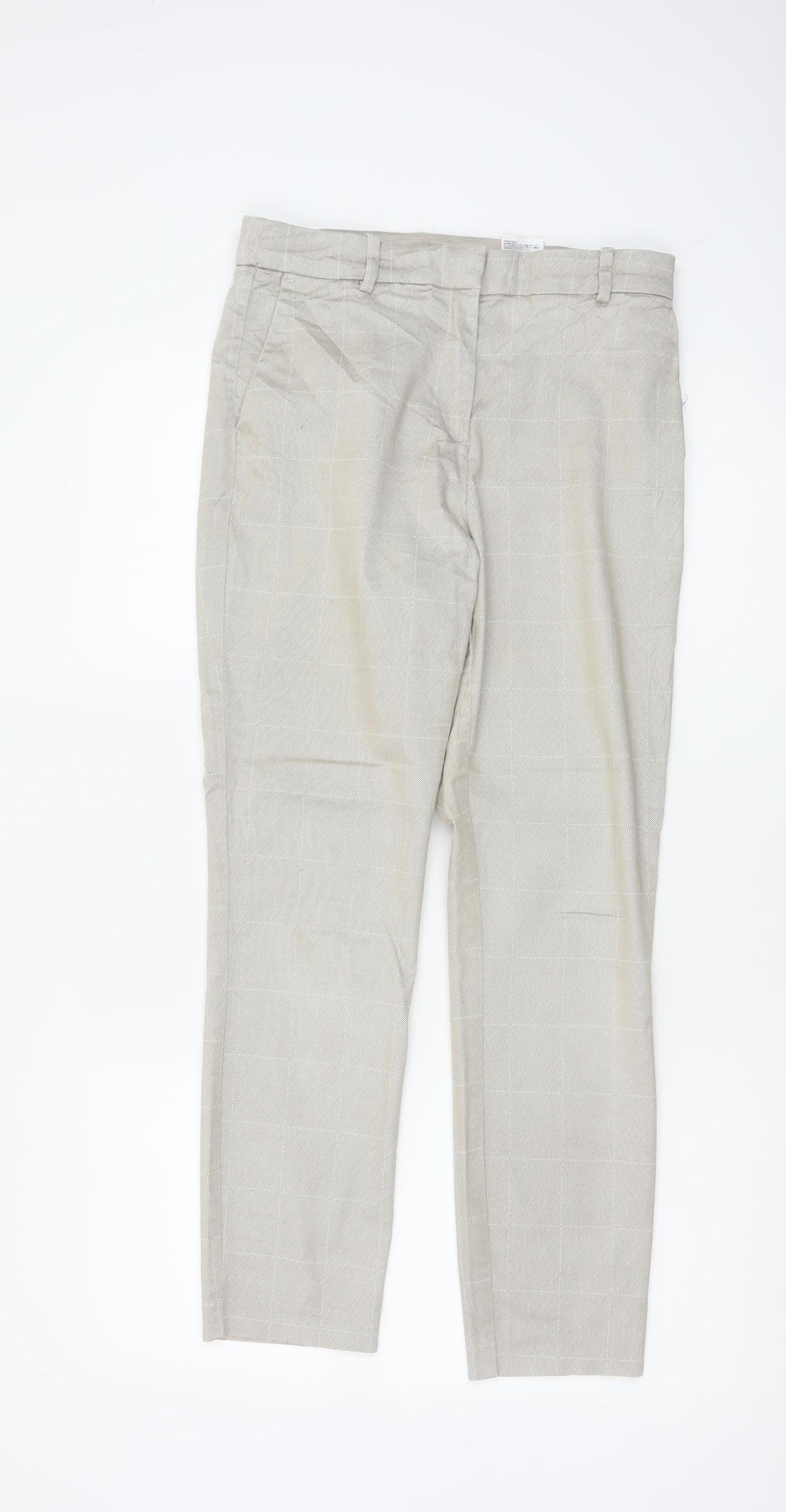 H&M Women Beige Check Slim Tapered Cotton Blend Trousers UK 10
