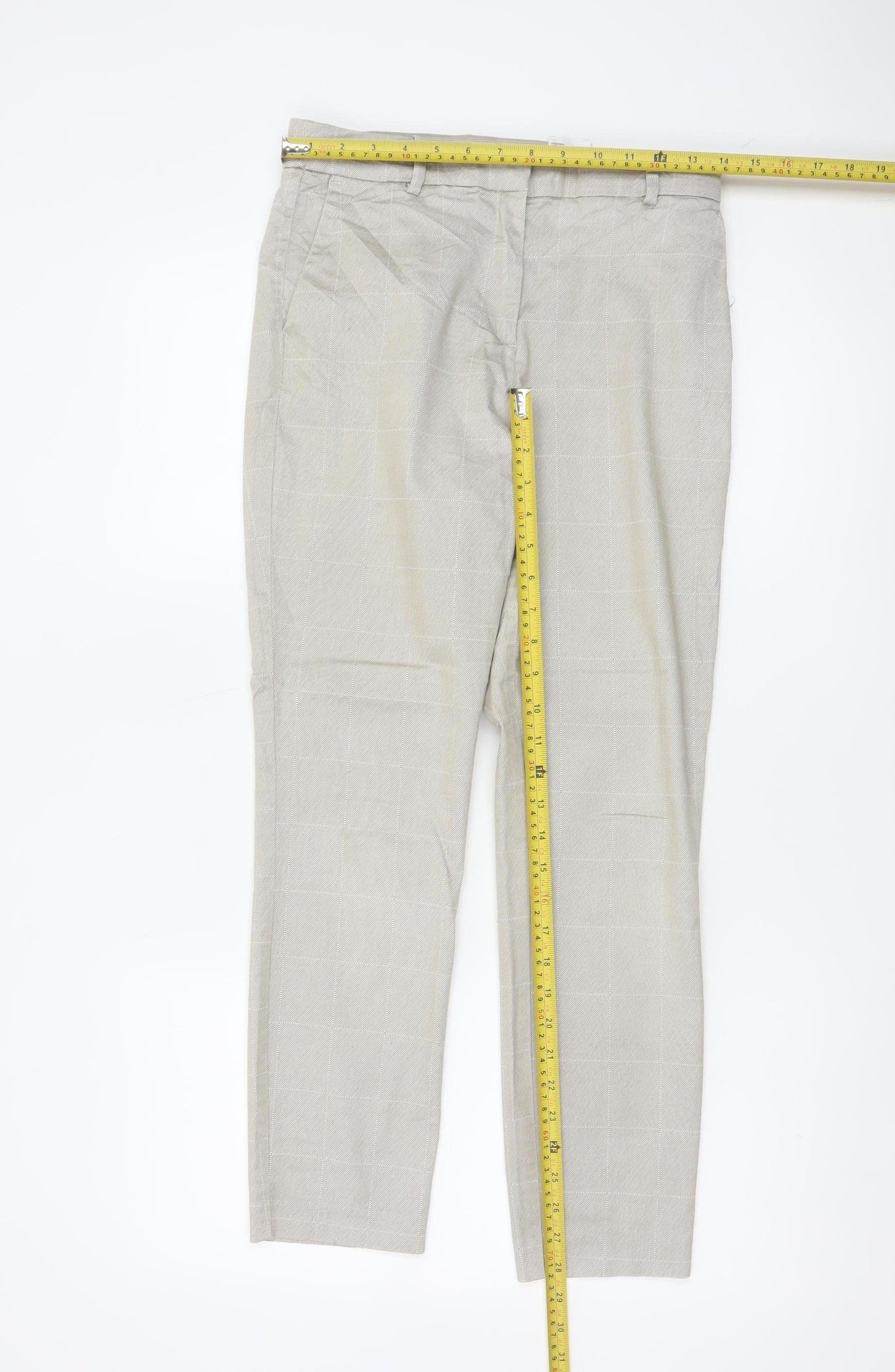 H&M Women Beige Check Slim Tapered Cotton Blend Trousers UK 10