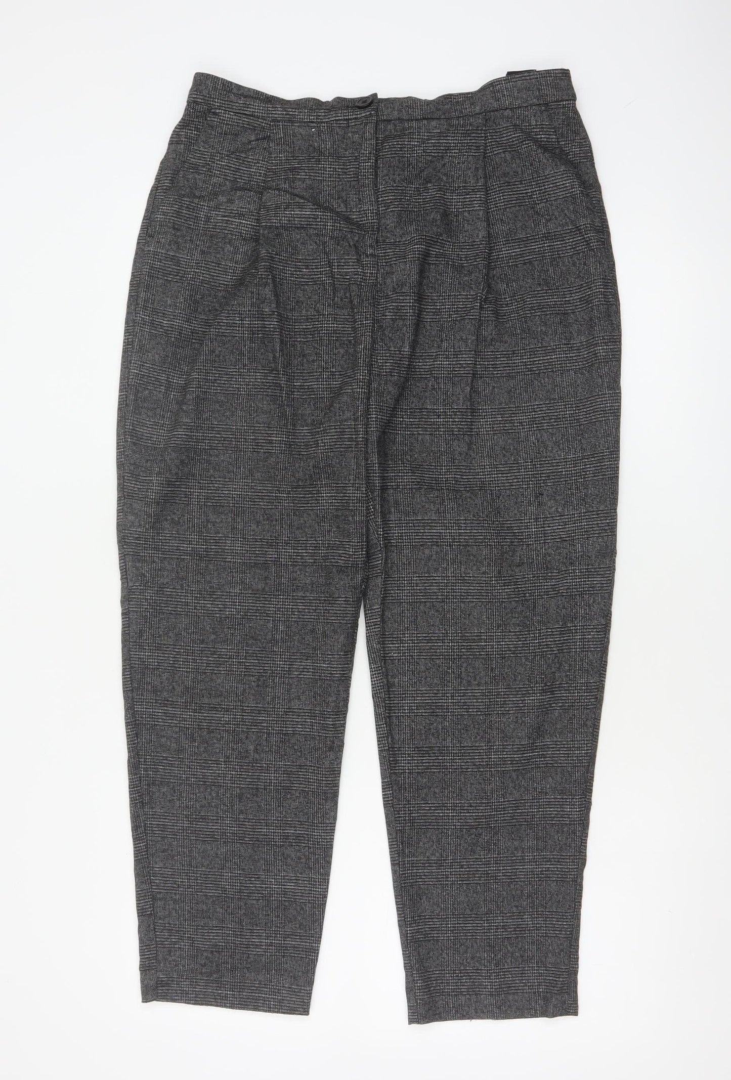 Monki Women Grey Check Tapered Trousers UK 12 Elastic Waist