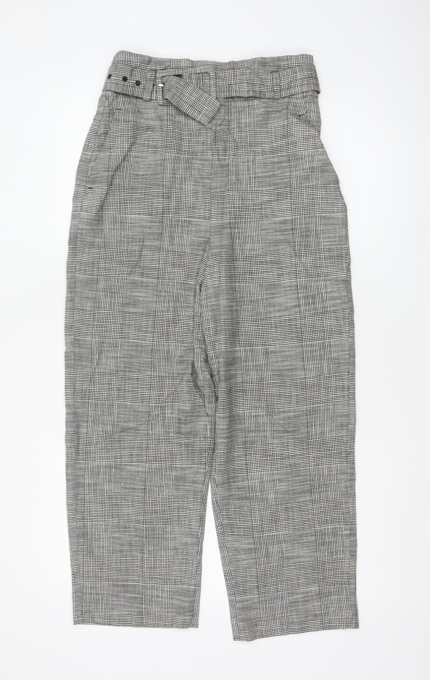 Zara Woman Women's Grey Check High Waist Belted Tapered Trousers S