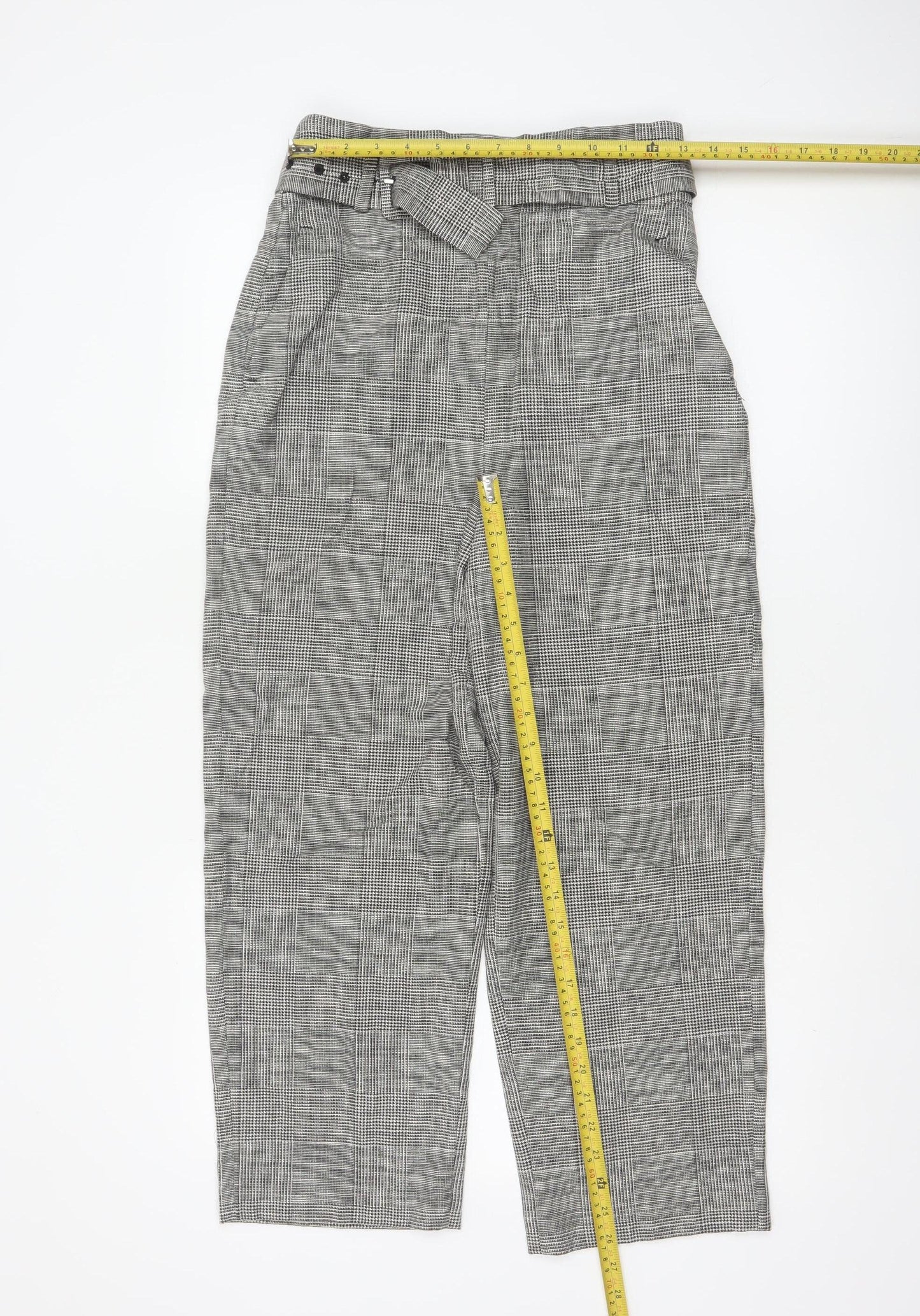 Zara Woman Women's Grey Check High Waist Belted Tapered Trousers S