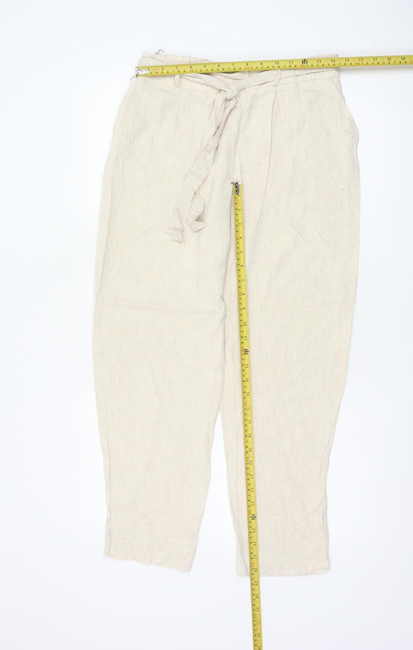 M&S Womens Ivory UK 14 Paperbag Tie Waist Tapered Viscose Trousers