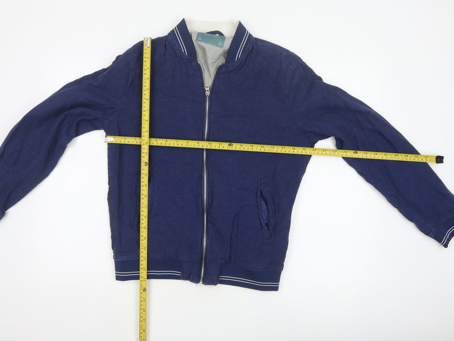 Zara Men Blue Linen Cotton Bomber Jacket Size L Full Zip