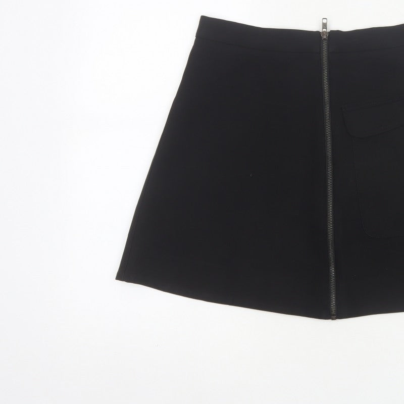 Topshop Women Black UK 10 A-Line Mini Skirt Front Zip Pocket
