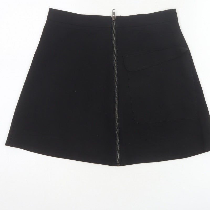Topshop Women Black UK 10 A-Line Mini Skirt Front Zip Pocket