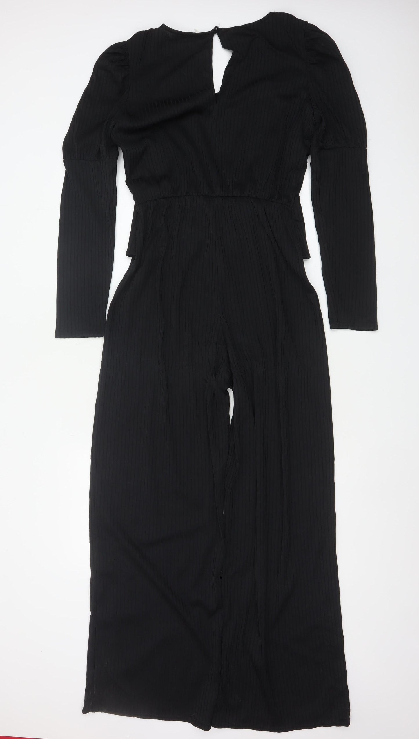 Quiz Women Black UK 18 Ribbed Wide-Leg Belted Keyhole Jumpsuit