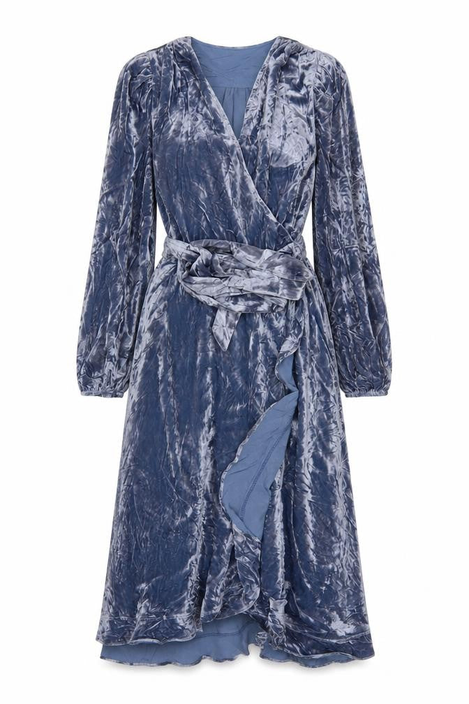 Per Una Women Blue UK 10 Velvet Midi Wrap Dress V-Neck Belted