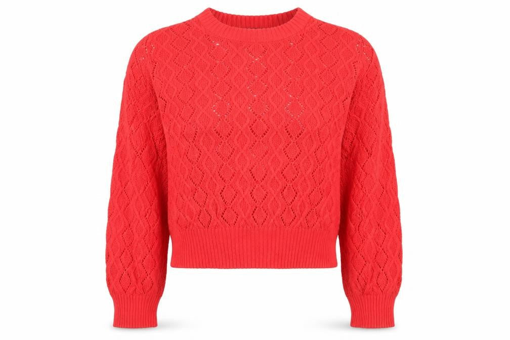 Front view of French Connection Women Orange L Open-Knit Cotton Crew Neck Pullover