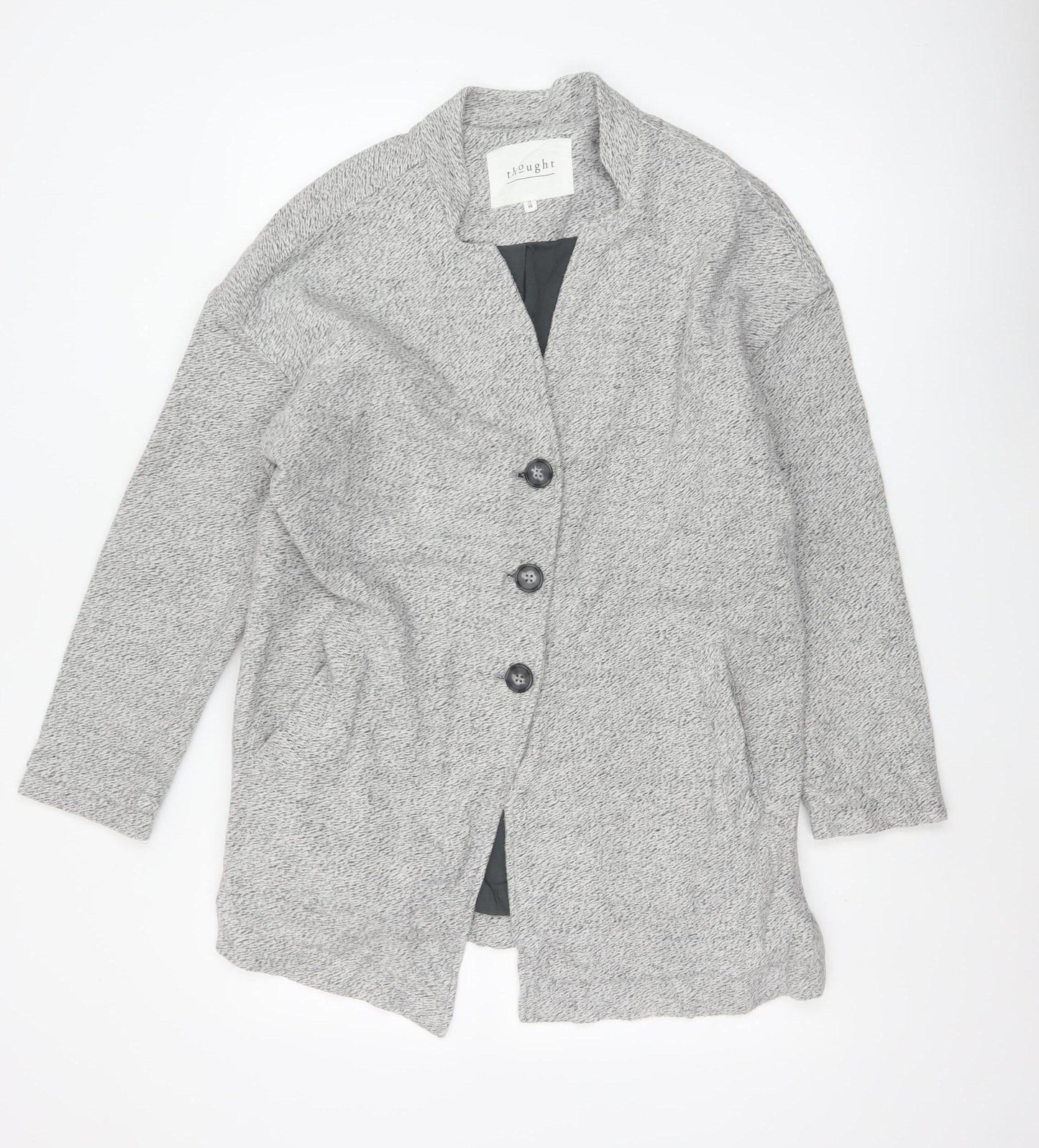 Thought Women’s Grey UK 12 Cotton Long Overcoat Button Lined Pockets
