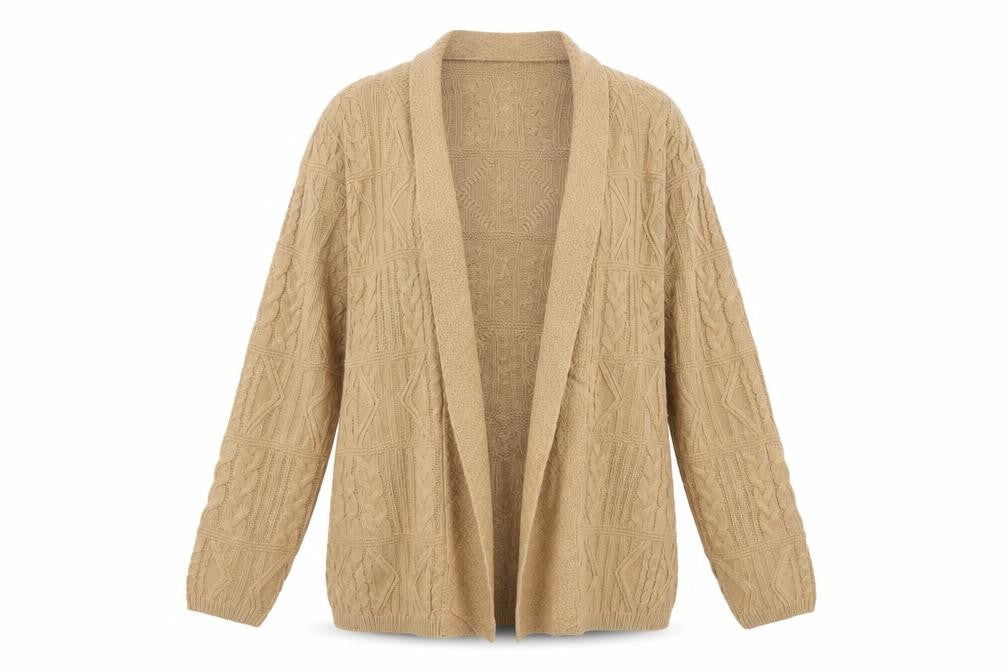 Isle Women’s Beige Cable Knit Open Cardigan Size 14-16 Long Sleeve