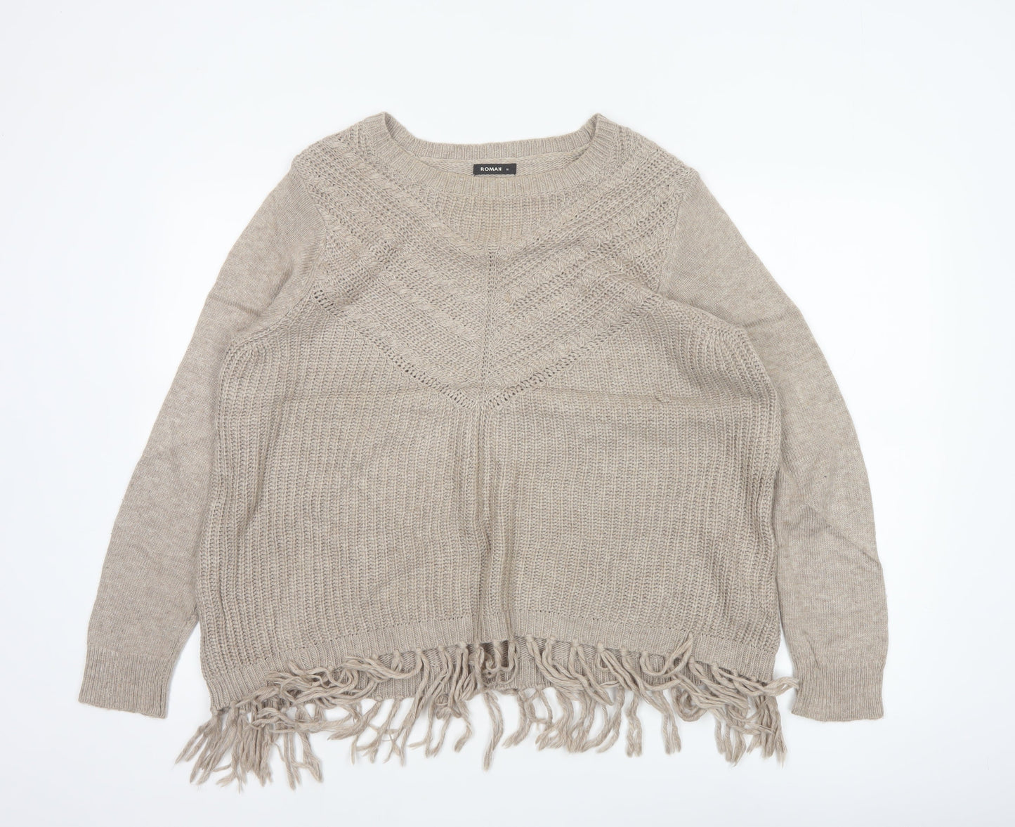 Roman Women's Beige Size 14 Fringe Chunky Knit Round Neck Jumper