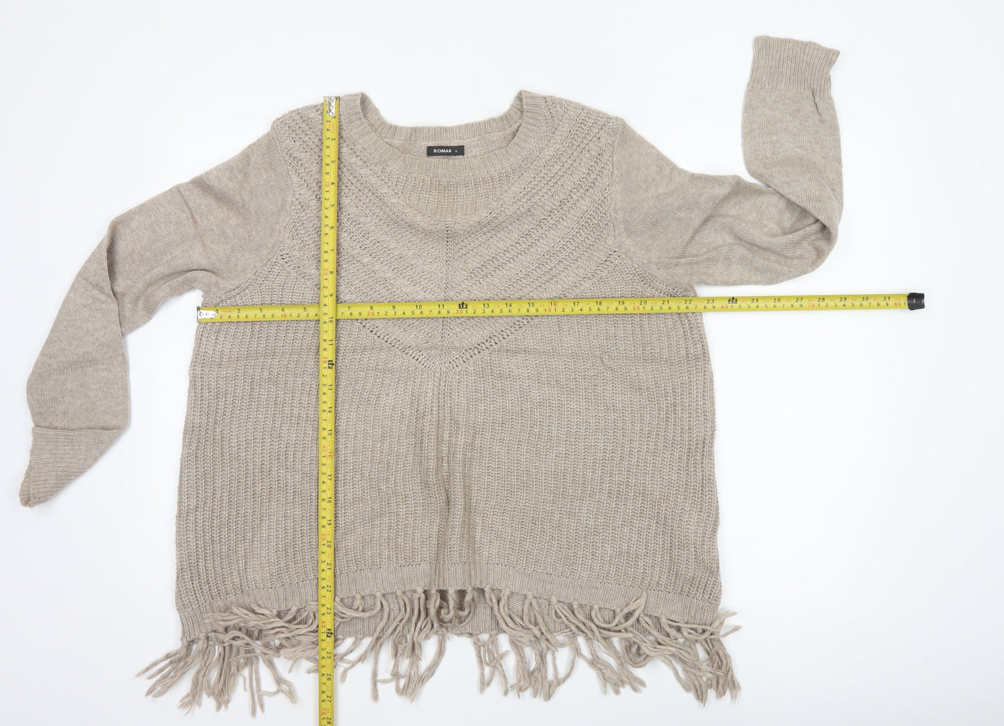 Roman Women's Beige Size 14 Fringe Chunky Knit Round Neck Jumper