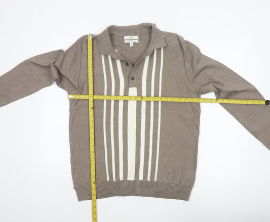 Marks and Spencer Men Brown L Cotton Striped Collared Henley Jumper