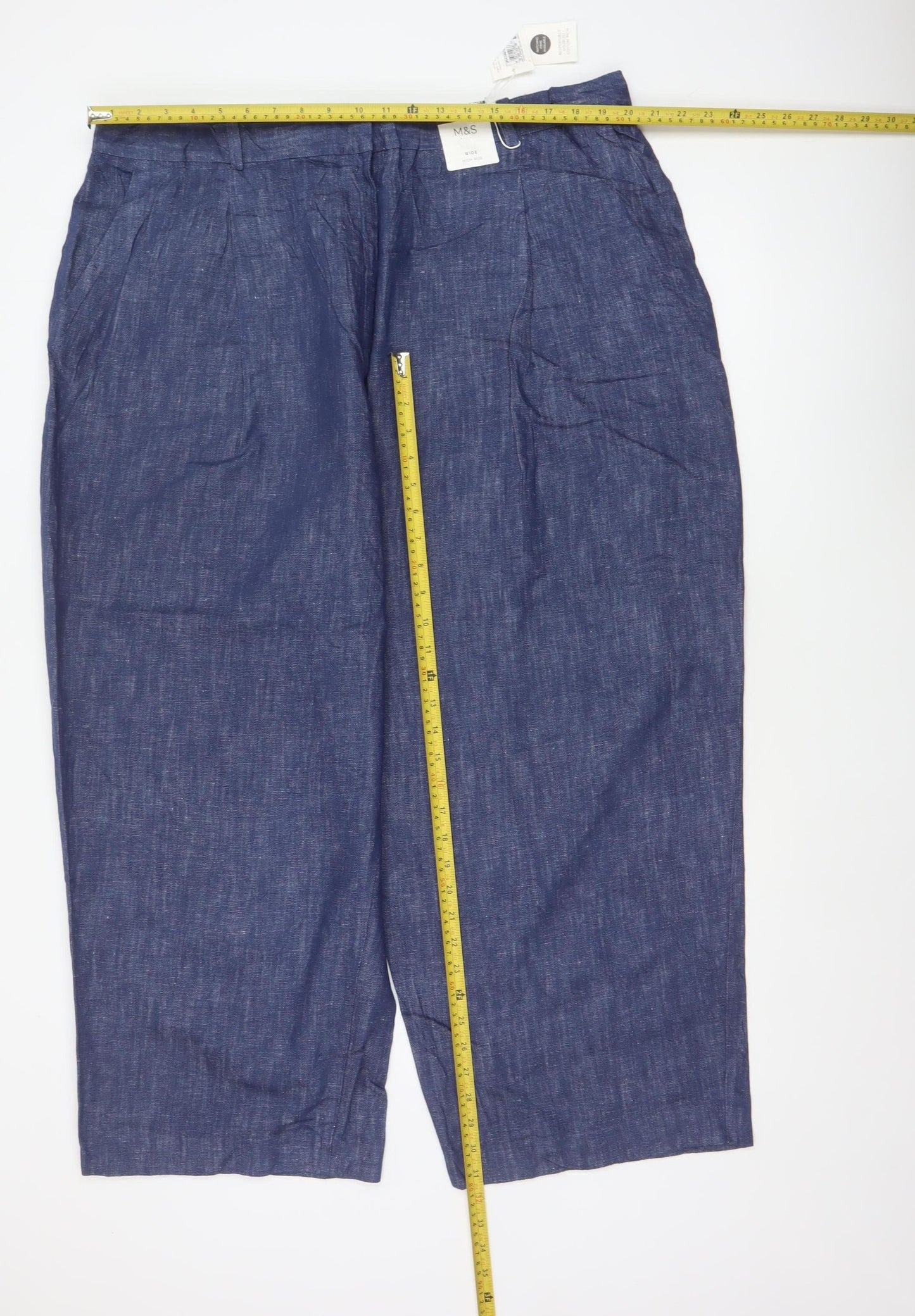 Marks & Spencer Women Blue Size 22 Short Wide Leg Linen Blend Trousers