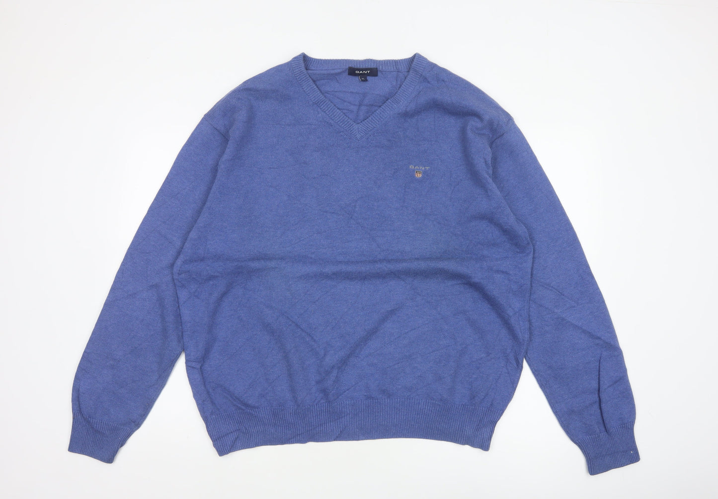 GANT Men’s Blue XL V-Neck Cotton Logo Pullover Jumper Classic Knit