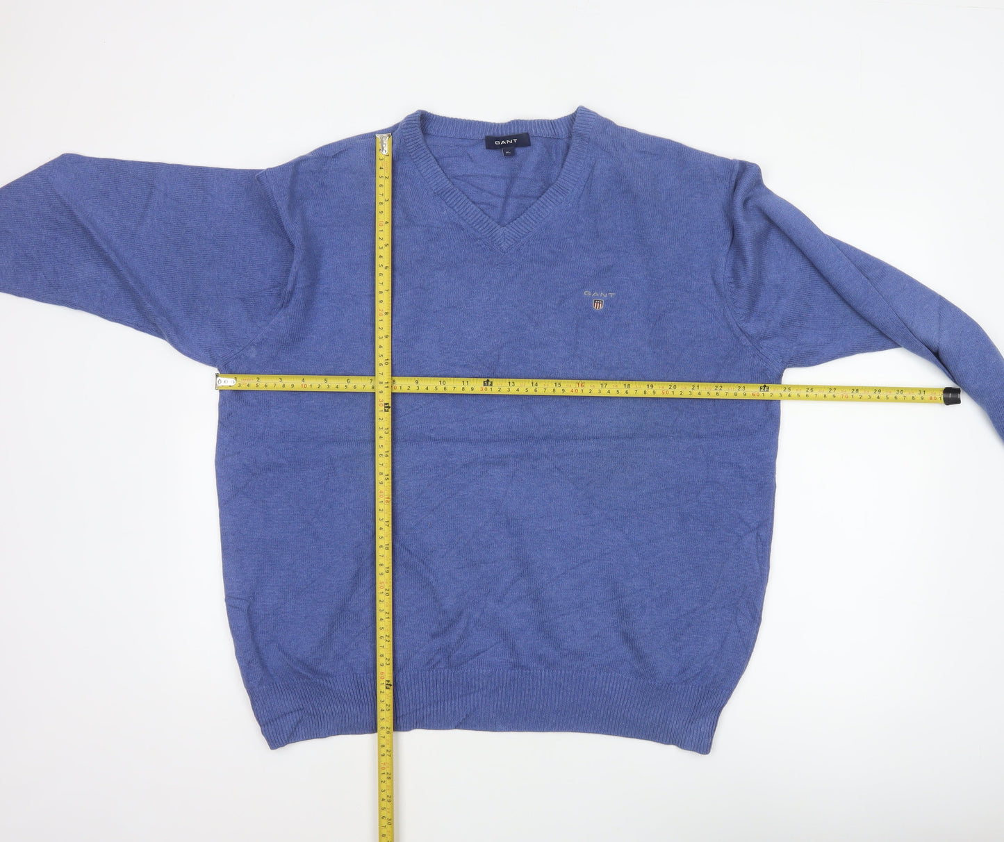 GANT Men’s Blue XL V-Neck Cotton Logo Pullover Jumper Classic Knit