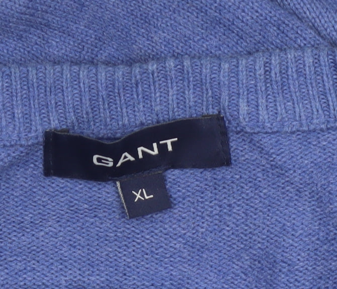 GANT Men’s Blue XL V-Neck Cotton Logo Pullover Jumper Classic Knit