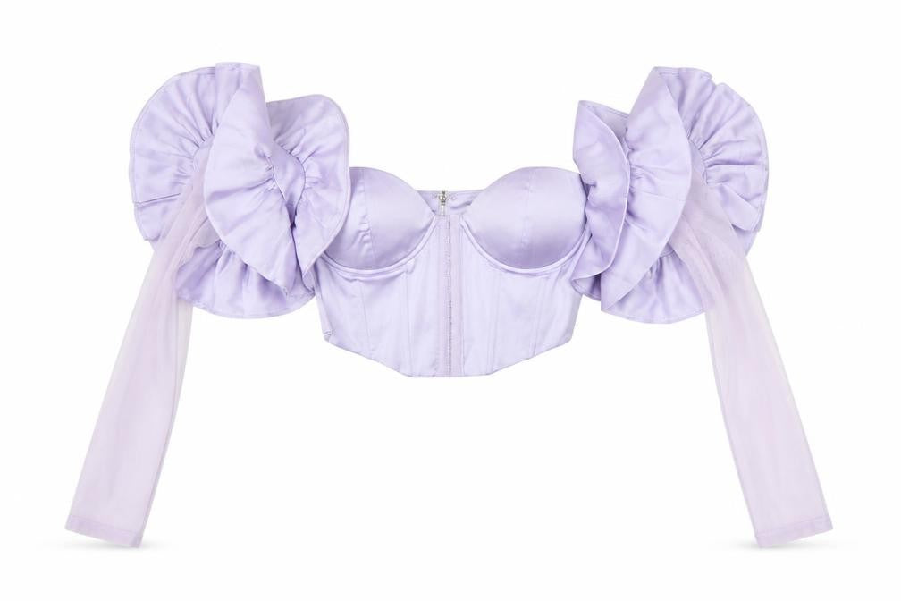 Oh Polly Women Purple UK 10 Cropped Ruffle Corset Blouse Long Sleeve