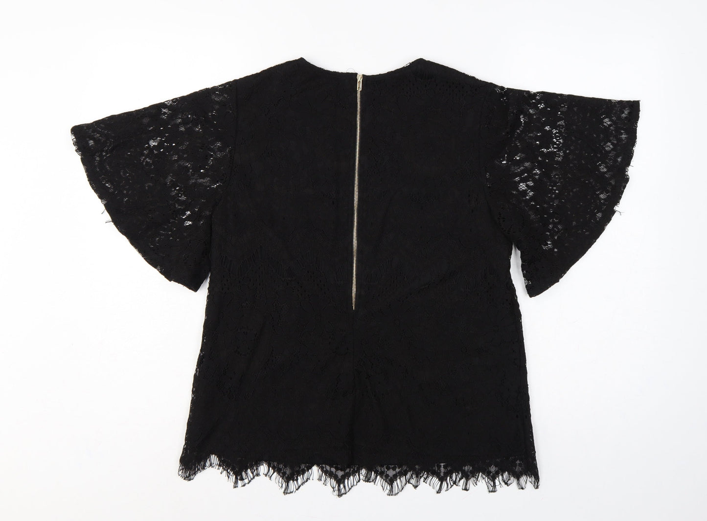 Mela London Women Black UK 10 Lace Flutter Sleeve Zip Blouse