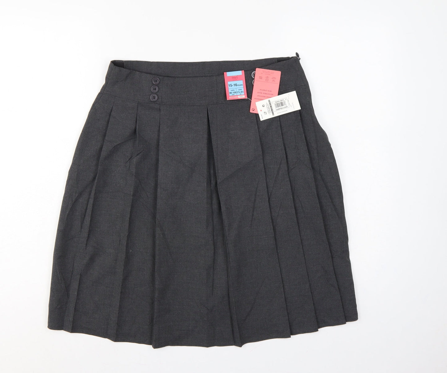 M&S Girls Grey School Pleated Skirt 15-16 Years Button Front NWT