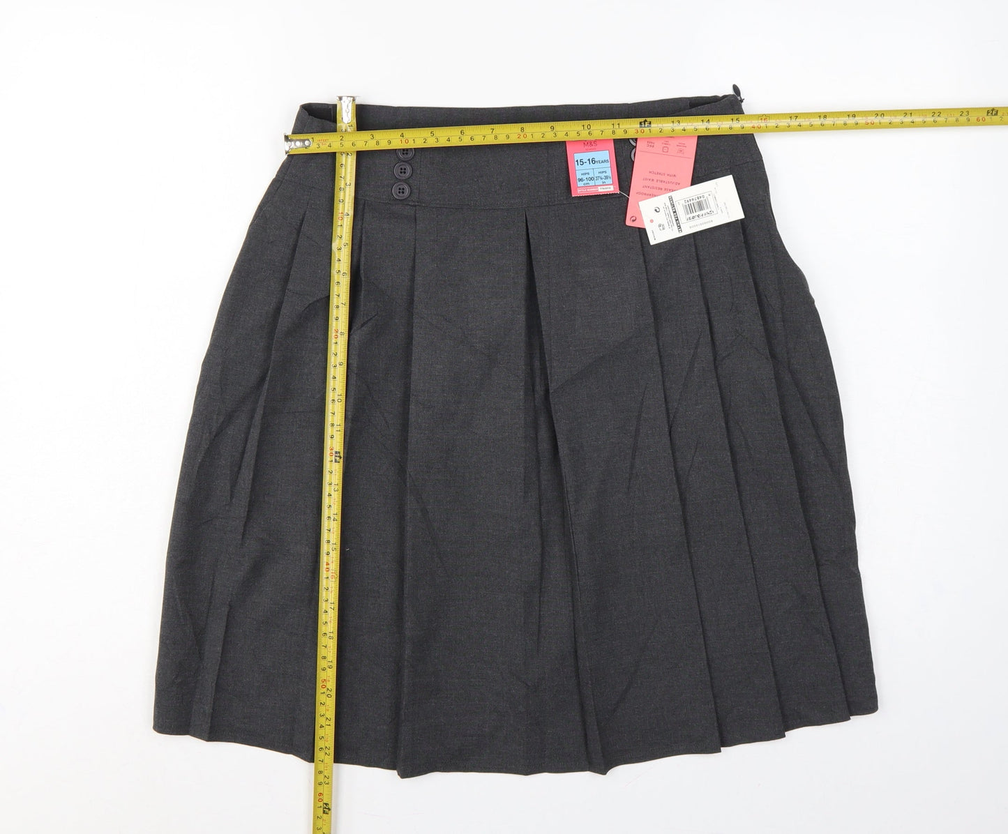 M&S Girls Grey School Pleated Skirt 15-16 Years Button Front NWT