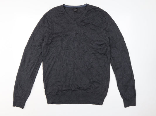 Marks and Spencer Men's Grey L Merino Wool V-Neck Pullover Jumper