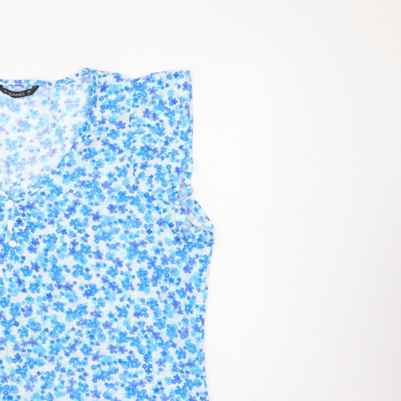 Dunnes Women Blue Floral XL Sleeveless V-Neck Button Tank Top