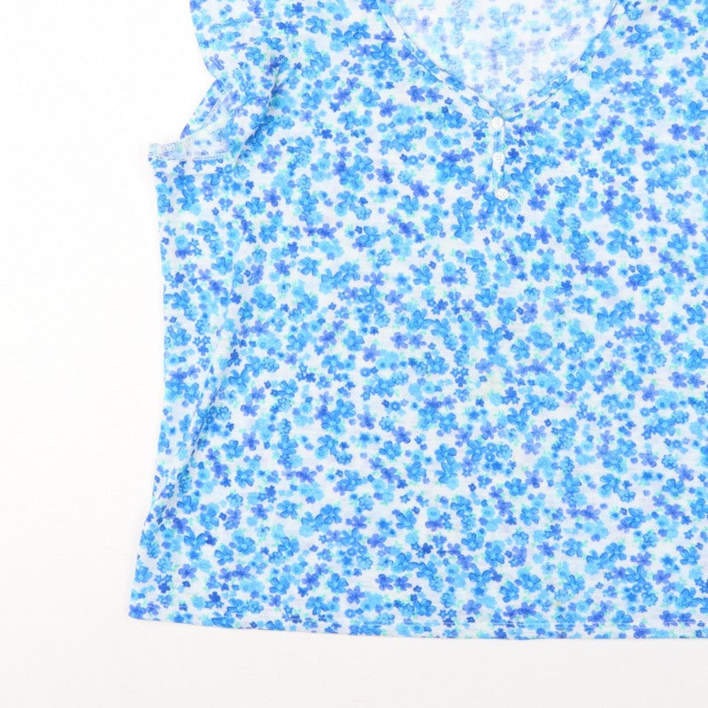 Dunnes Women Blue Floral XL Sleeveless V-Neck Button Tank Top