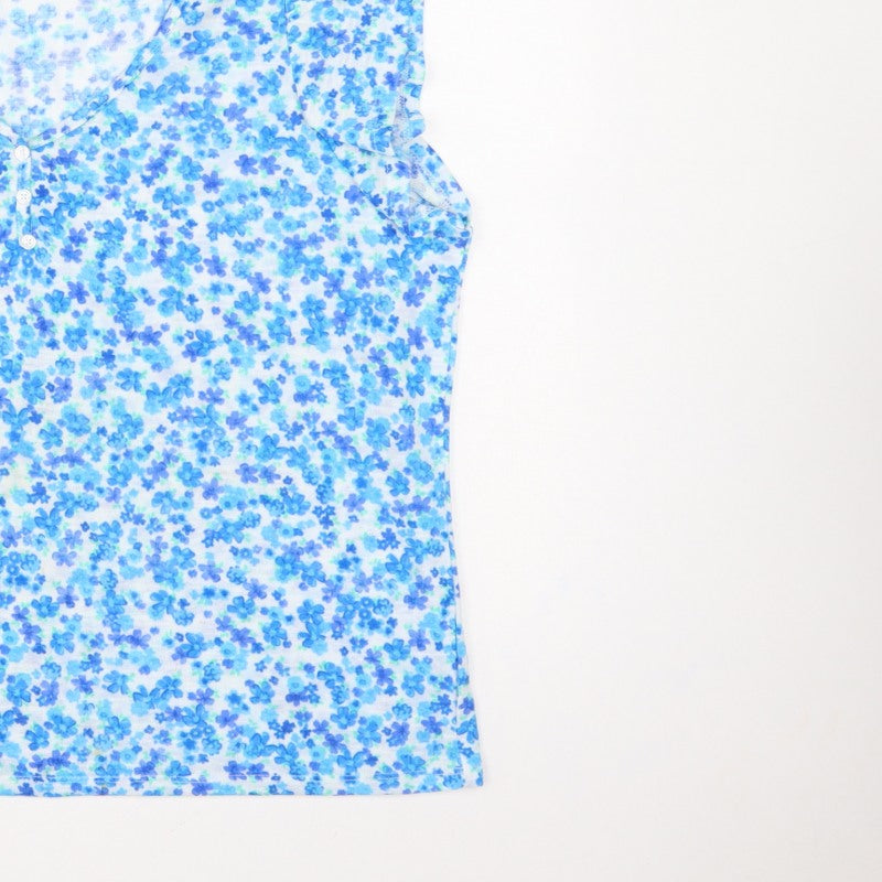 Dunnes Women Blue Floral XL Sleeveless V-Neck Button Tank Top