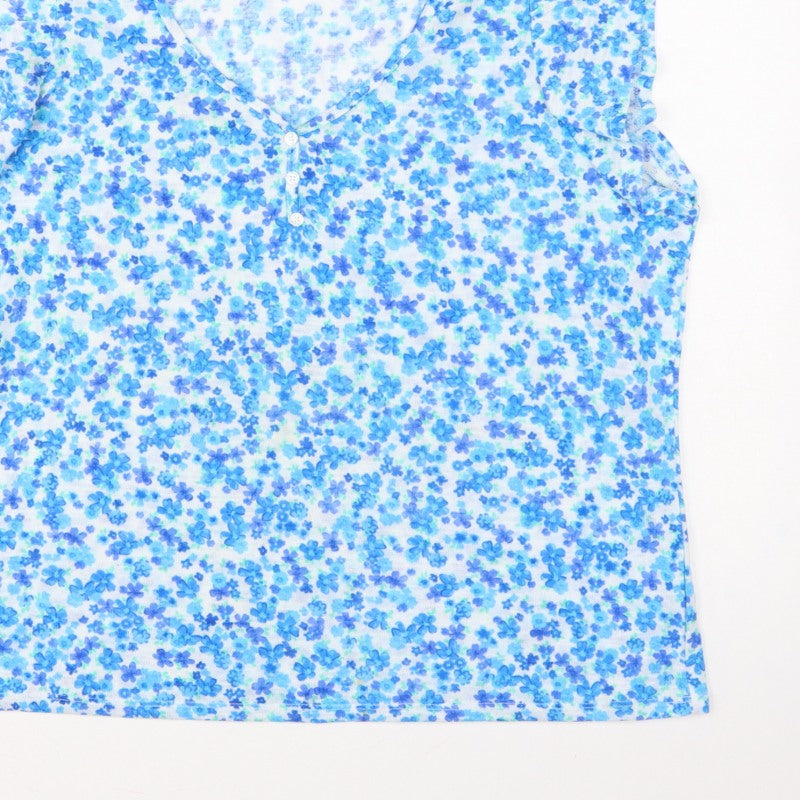 Dunnes Women Blue Floral XL Sleeveless V-Neck Button Tank Top