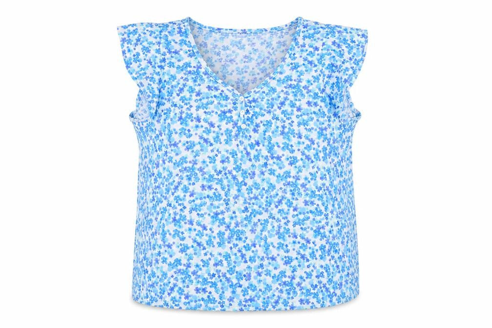 Dunnes Women Blue Floral XL Sleeveless V-Neck Button Tank Top