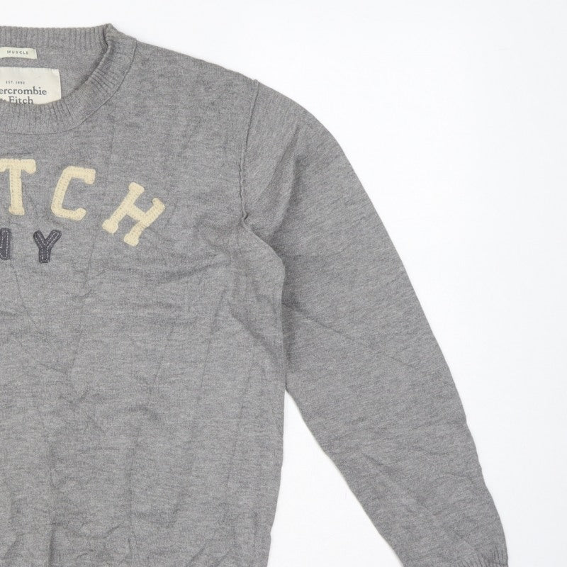 Abercrombie & Fitch Men Grey M Muscle Fit NY Logo Knit Jumper
