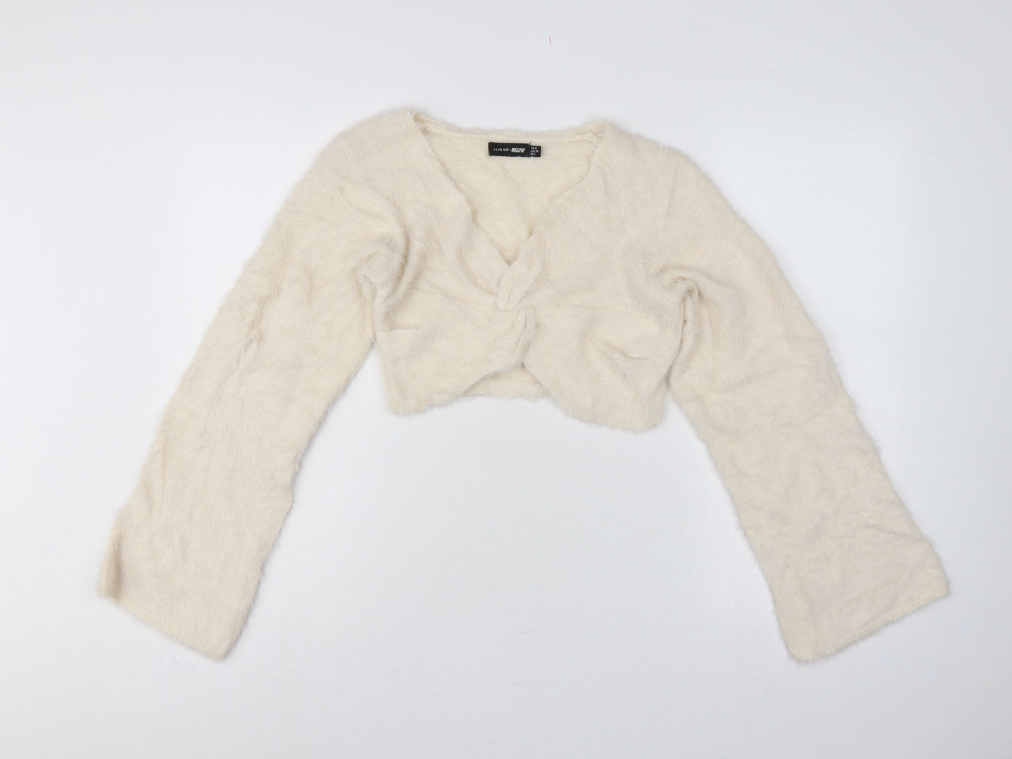 Misse x Misspap Women Ivory UK 10 Fuzzy Knit V-Neck Long Sleeve Shrug