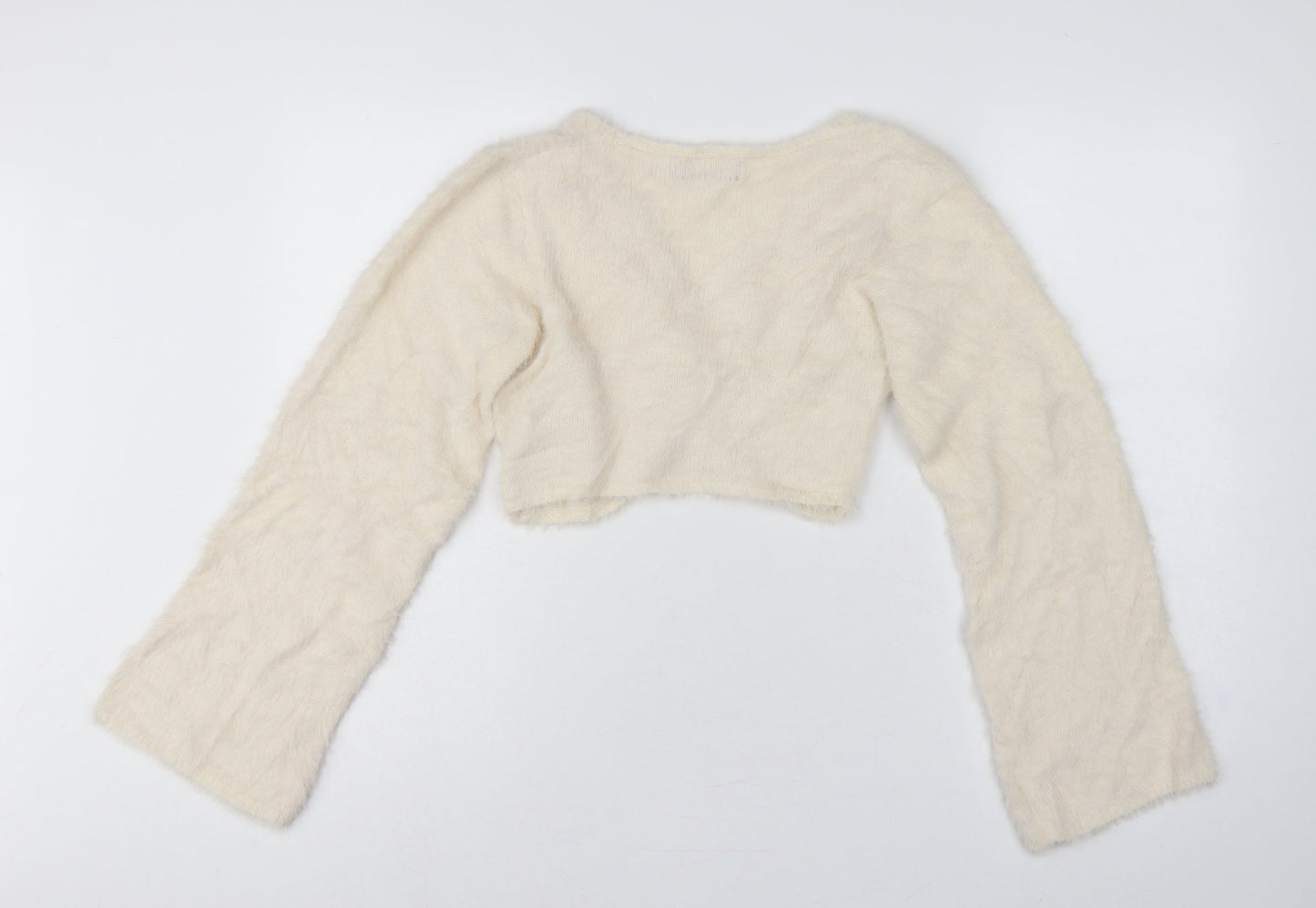 Misse x Misspap Women Ivory UK 10 Fuzzy Knit V-Neck Long Sleeve Shrug