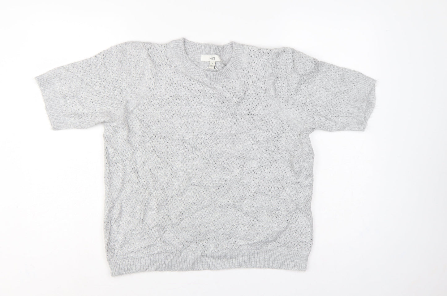 Marks and Spencer Women Grey M Open Knit Short Sleeve Jumper