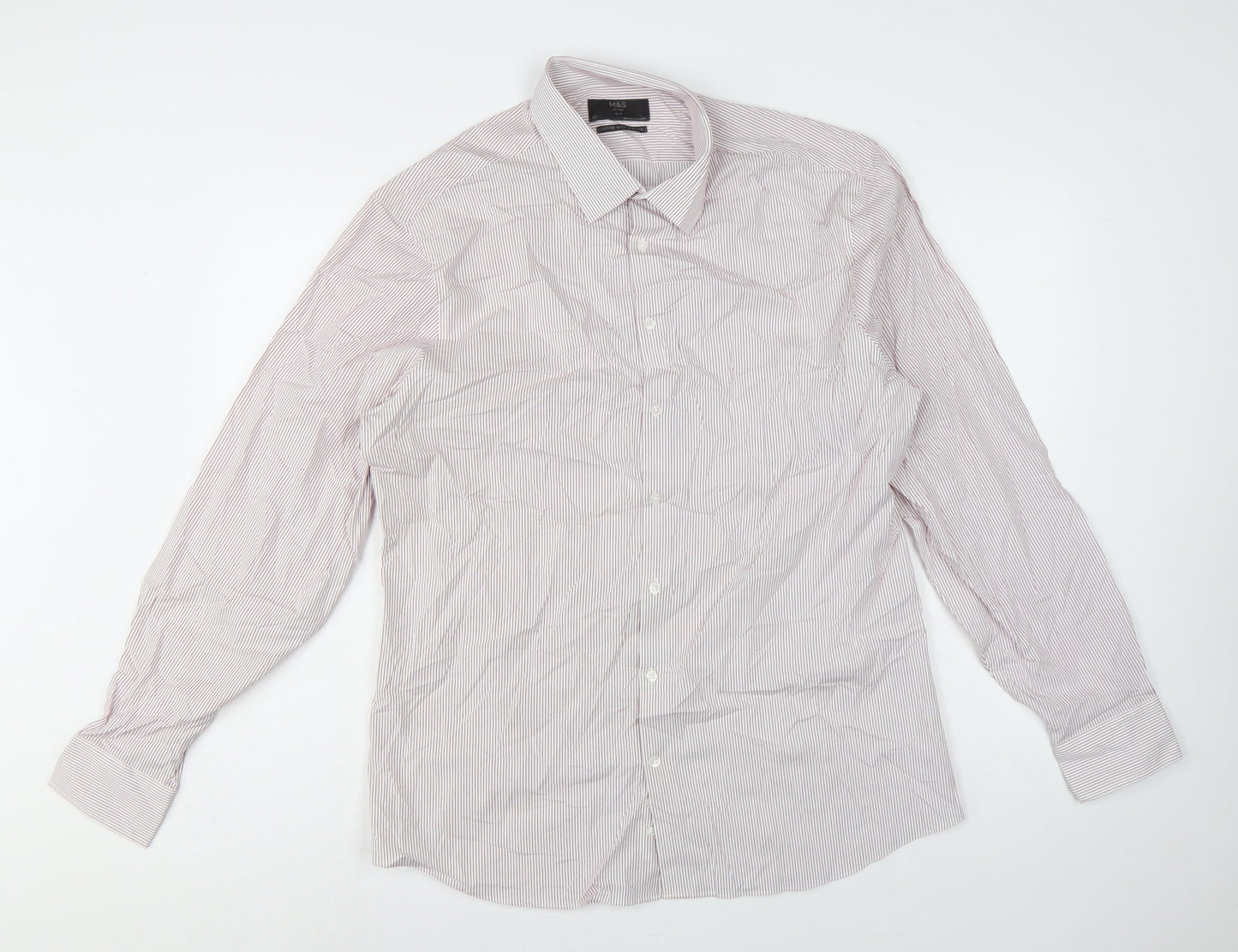 Marks and Spencer Men’s White Pink Stripe Slim Fit Shirt 17 Long Sleeve