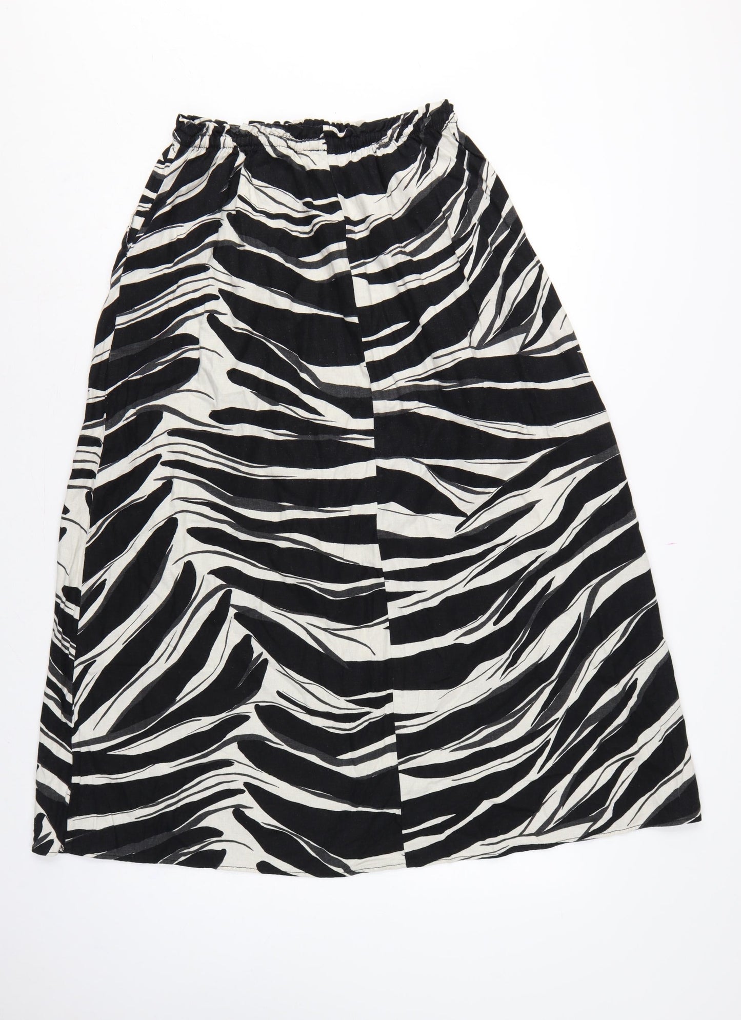 H&M Women Black Zebra Print Linen Blend Midi A-Line Skirt Size S